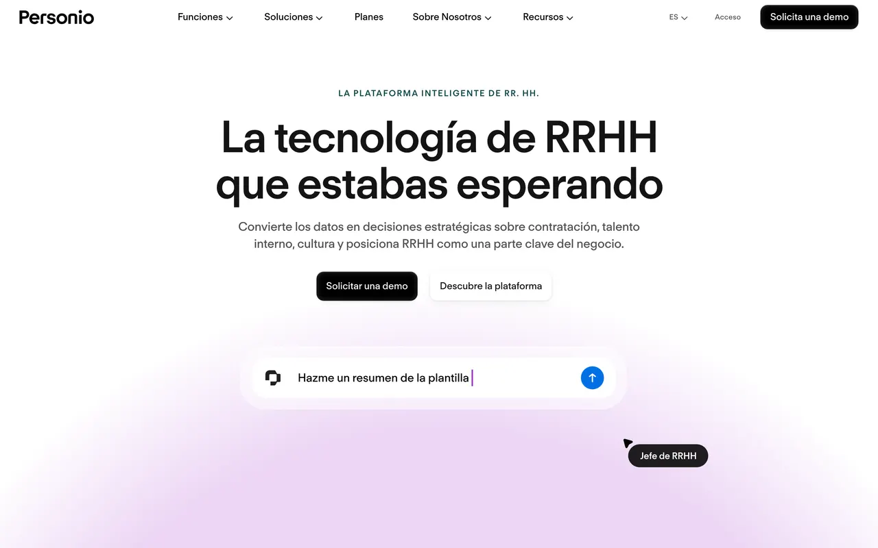 Página de inicio de Personio en español, plataforma inteligente de RRHH