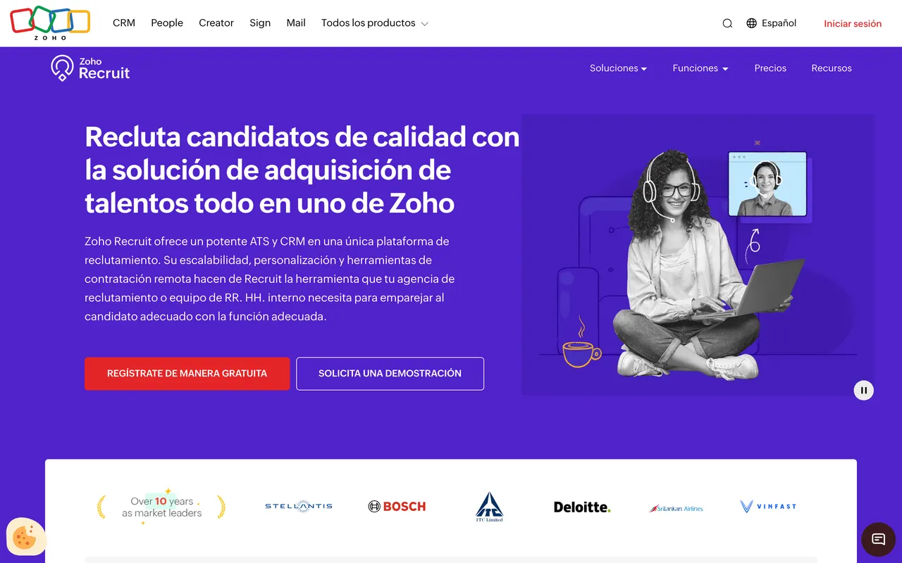 Página de Zoho Recruit en español, ATS y CRM de reclutamiento
