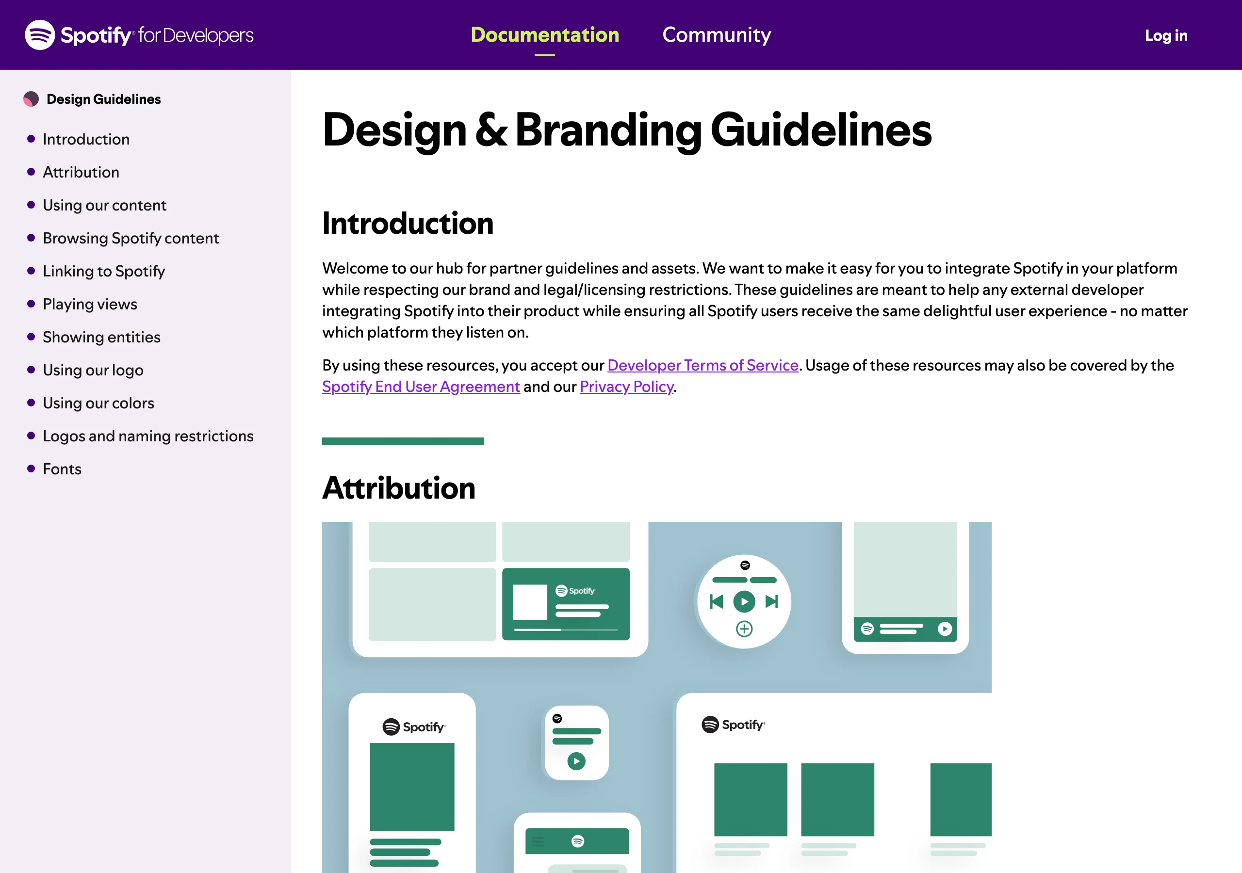 Capture des Design et Branding Guidelines publiques de Spotify (developer.spotify.com) en juillet 2026 : règles d'attribution, d'usage du logo et des couleurs pour les partenaires