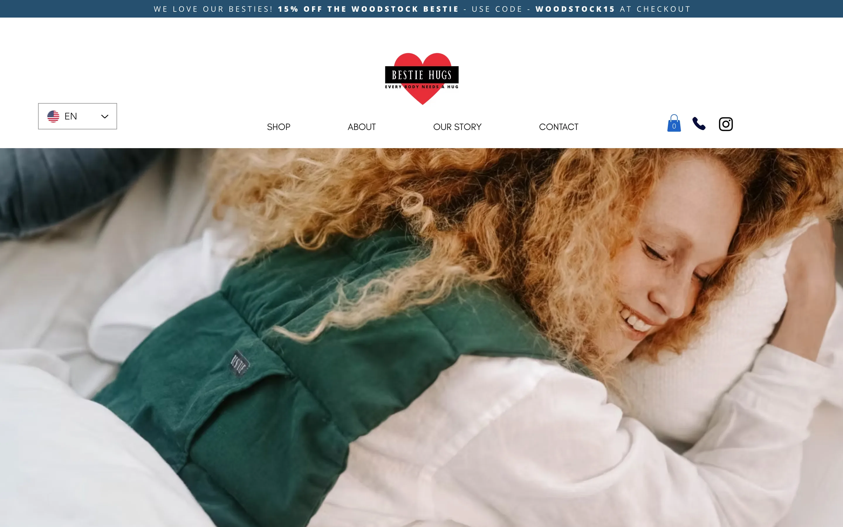 Boutique Wix Bestie Hugs, page d'accueil chaleureuse avec bandeau promotionnel