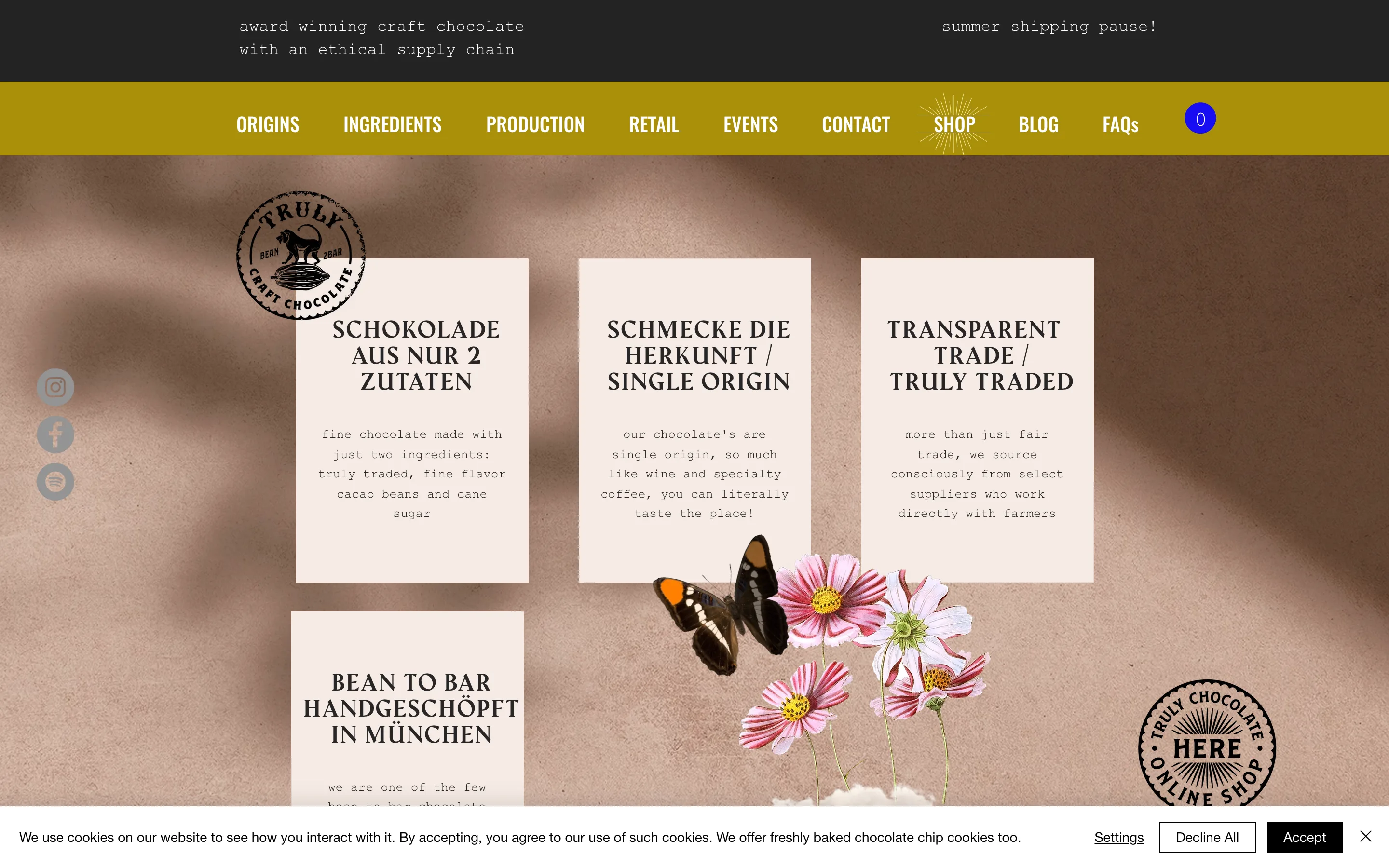 Boutique Wix Truly Craft Chocolate, page d'accueil avec sections origine et production