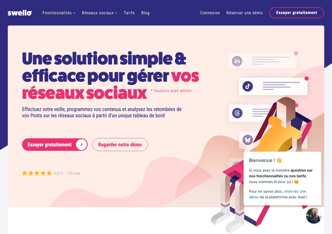 Capture de Swello en juillet 2026, l'outil français de gestion des réseaux sociaux : rédaction, programmation et analyse des publications depuis un tableau de bord unique, l'alternative française pour planifier ses créneaux TikTok
