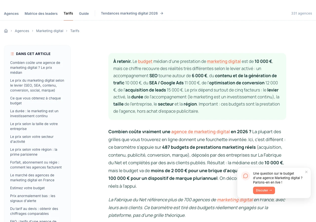Capture de notre guide des tarifs des agences de marketing digital en juillet 2026 : prix réels par levier (SEO, Google Ads, contenu, génération de leads) documentés à partir des budgets de projets publiés sur la plateforme