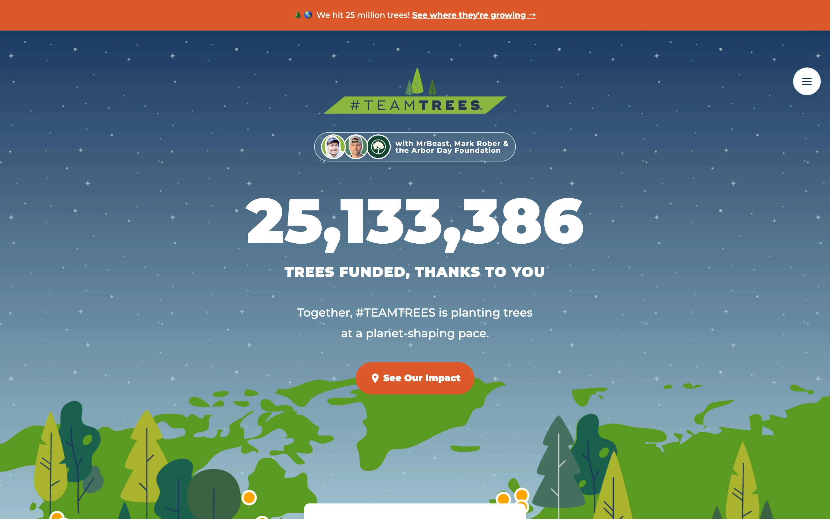 Le compteur de teamtrees.org en juillet 2026 : plus de 25 millions d'arbres financés depuis le défi lancé par MrBeast et Mark Rober