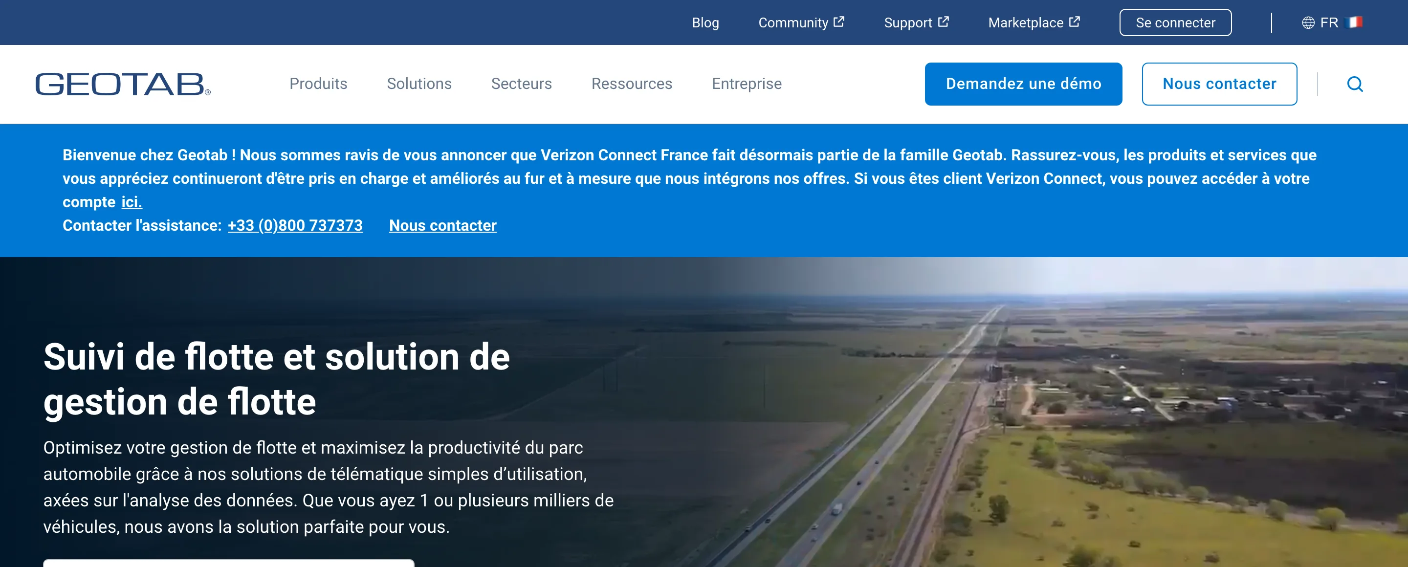 Page d'accueil de Geotab, fournisseur de solutions de télématique et de gestion de flotte, relevée le 06/07/2026