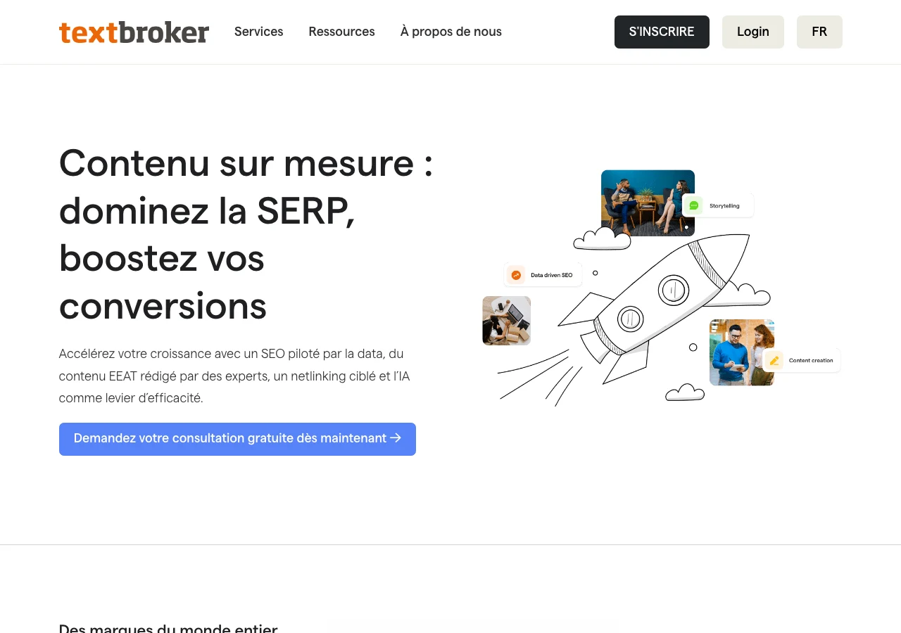 Capture de Textbroker France en juillet 2026, marketplace de rédaction SEO : le positionnement contenu EEAT rédigé par des experts avec l'IA comme levier, signe du repositionnement du marché de la rédaction externalisée