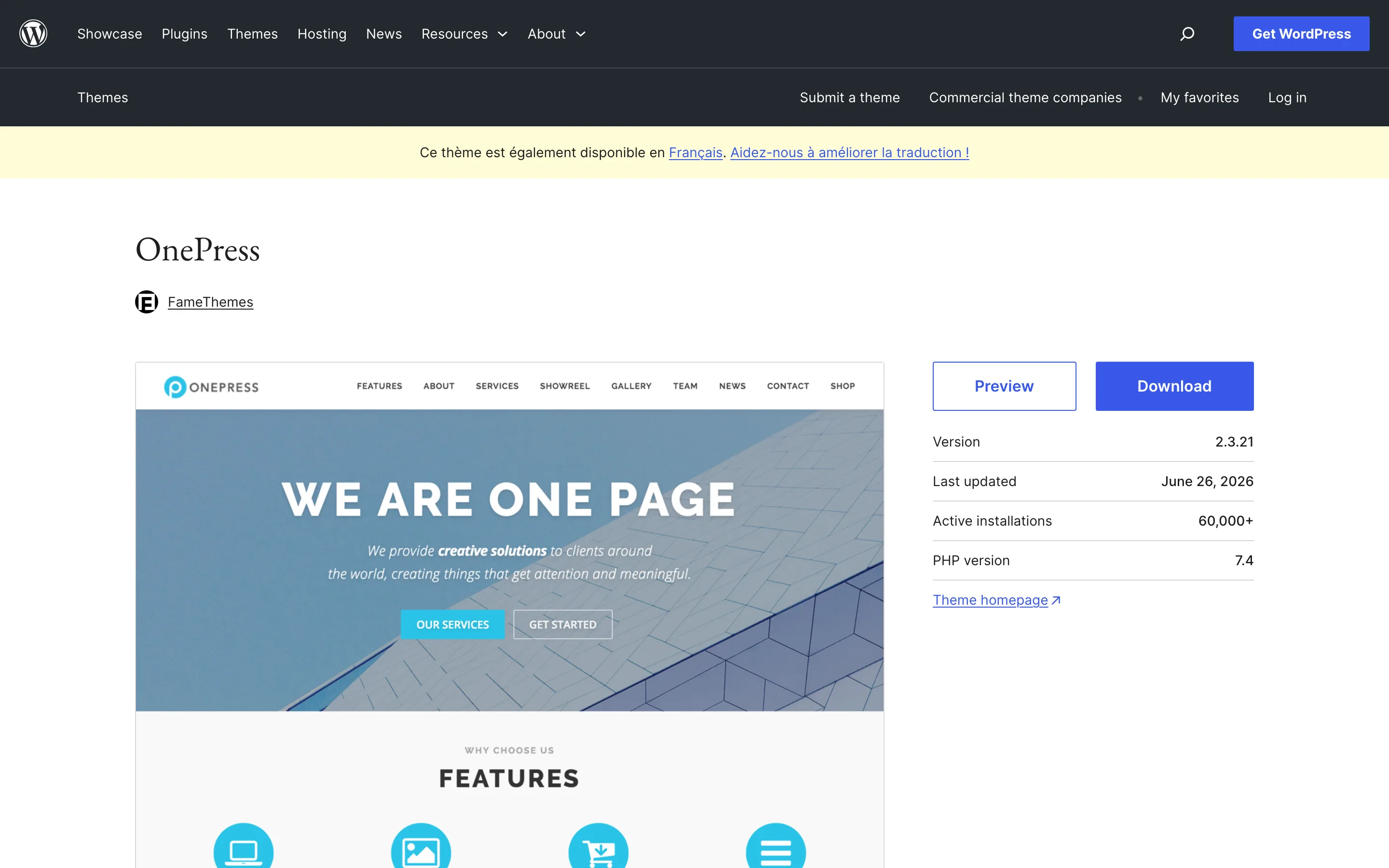 Fiche du thème WordPress gratuit OnePress sur WordPress.org