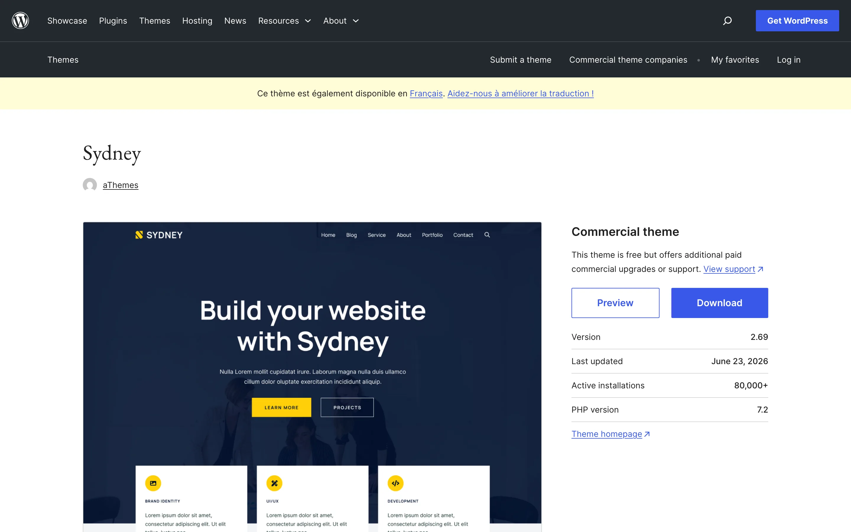 Fiche du thème WordPress gratuit Sydney sur WordPress.org