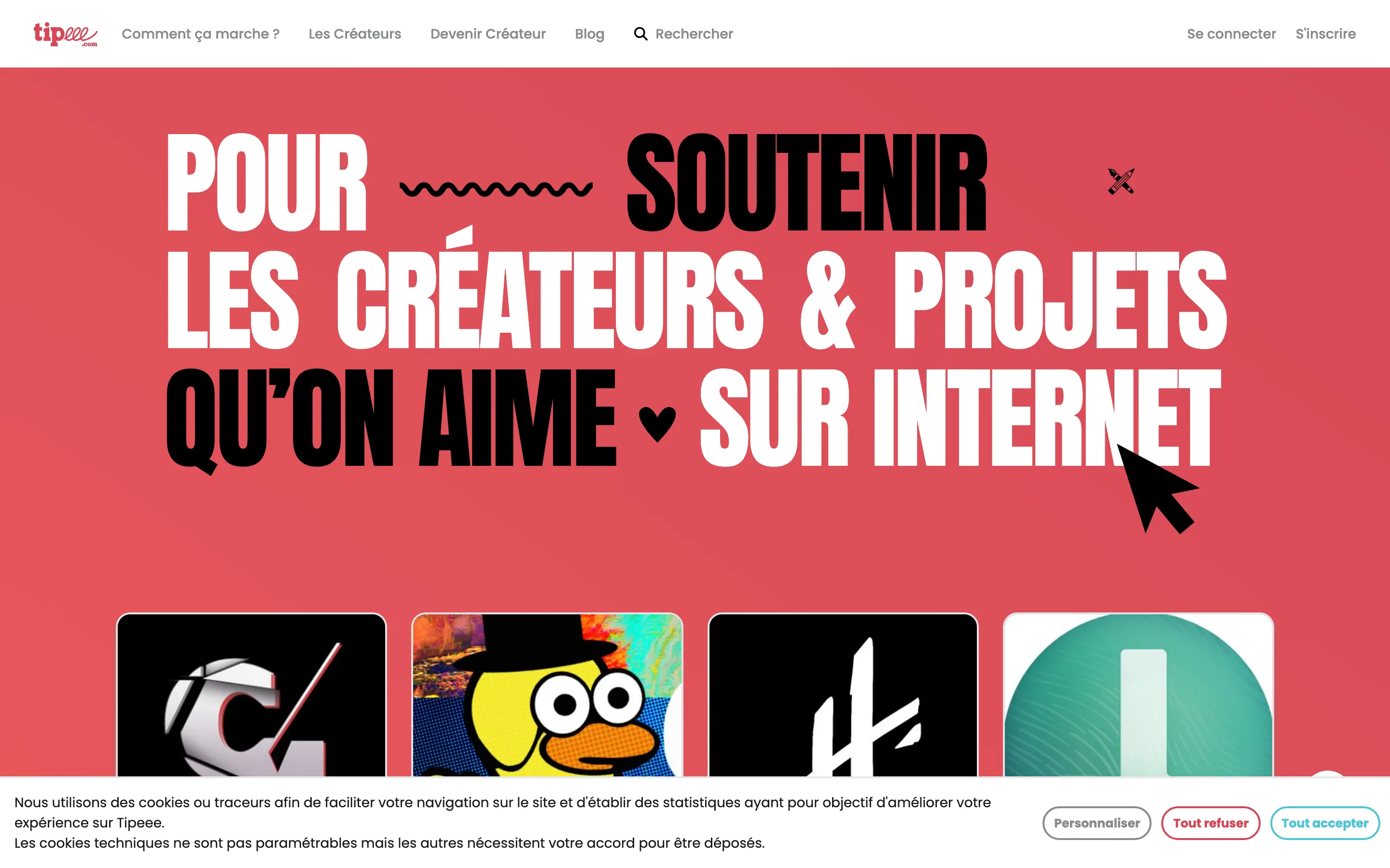 Page d'accueil de Tipeee, plateforme de dons pour créateurs francophones, relevée en juillet 2026
