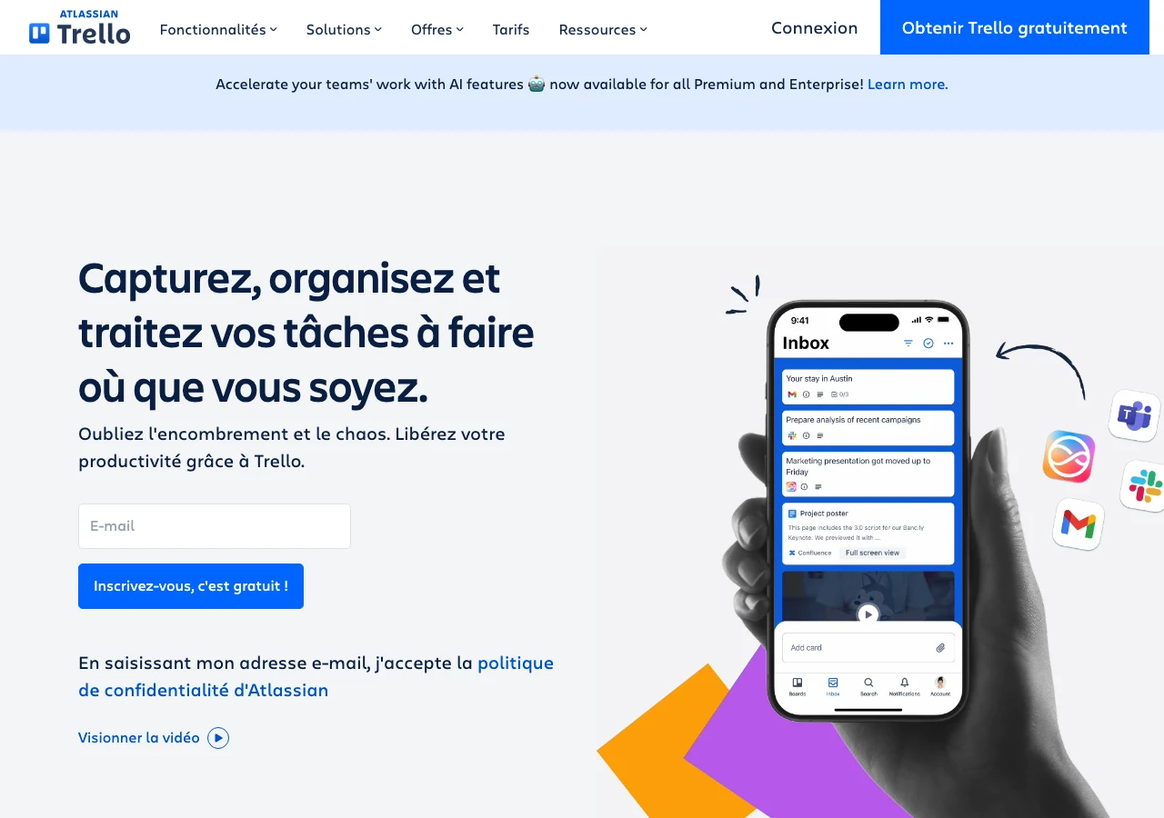 Capture de Trello en juillet 2026 : l'outil de tableaux et checklists partagés, une façon simple de suivre les livrables d'un projet de développement logiciel entre le client et son agence