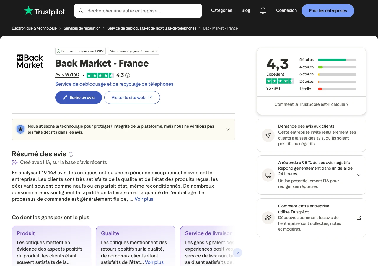 Capture de la fiche Trustpilot de Back Market en juillet 2026 : note de 4,3 sur 5 sur plus de 19 000 avis, l'exemple du bouclier de confiance où le volume d'avis authentiques absorbe les critiques isolées