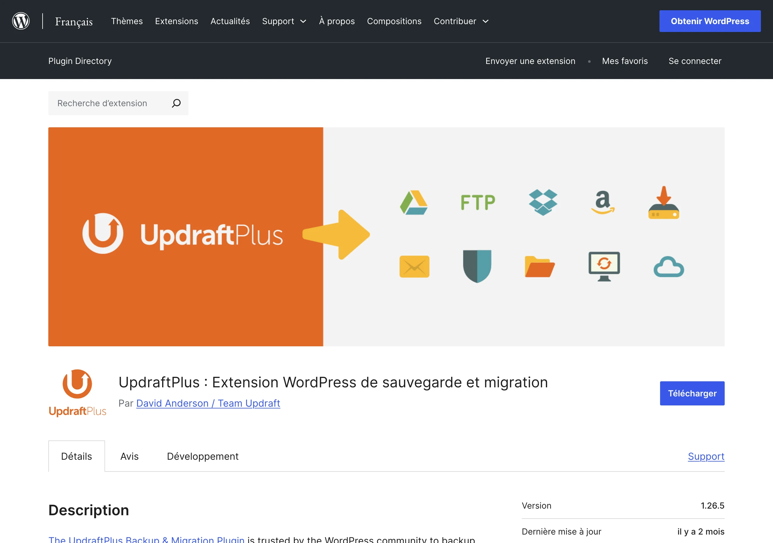 Capture de la page officielle du plugin UpdraftPlus sur fr.wordpress.org en juillet 2026 : l'extension de sauvegarde et migration WordPress de référence, activement maintenue