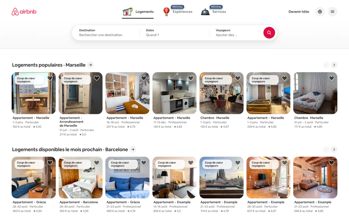 Page de résultats d'Airbnb, référence du parcours de recherche et de réservation