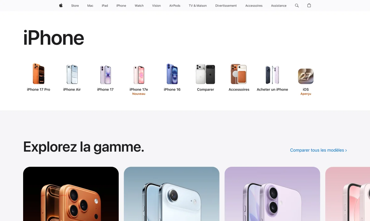 Page iPhone d'Apple, référence de la page produit immersive