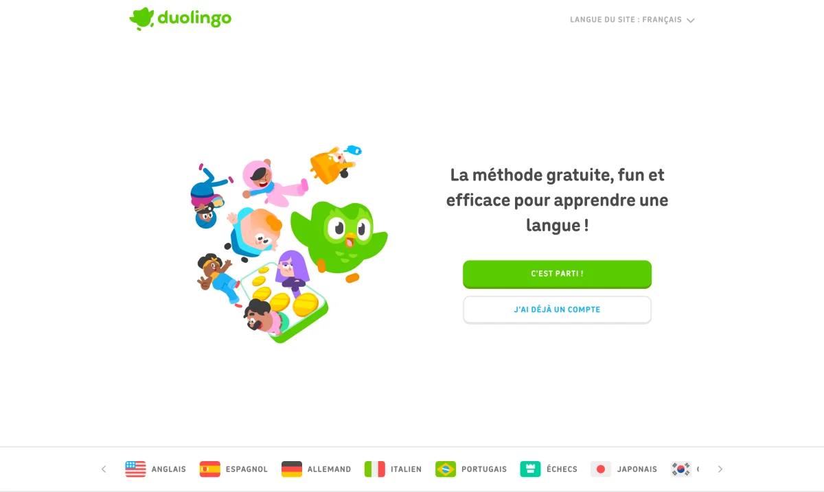 Page d'accueil de Duolingo, référence de l'onboarding gamifié