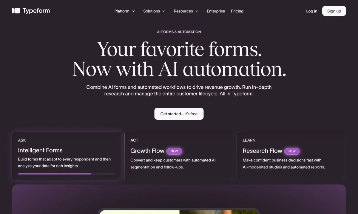 Page d'accueil de Typeform, référence du formulaire conversationnel