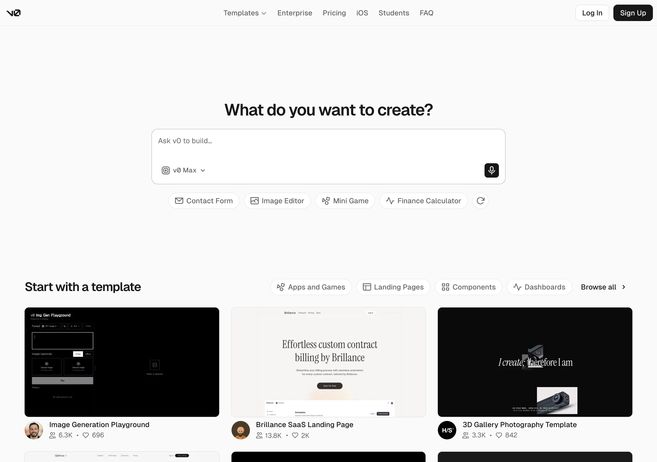 Capture de v0 by Vercel en juillet 2026 : l'interface « What do you want to create? » et sa galerie de templates générés (landing pages, dashboards, composants), utilisée par les agences pour produire des prototypes fonctionnels à partir d'un brief