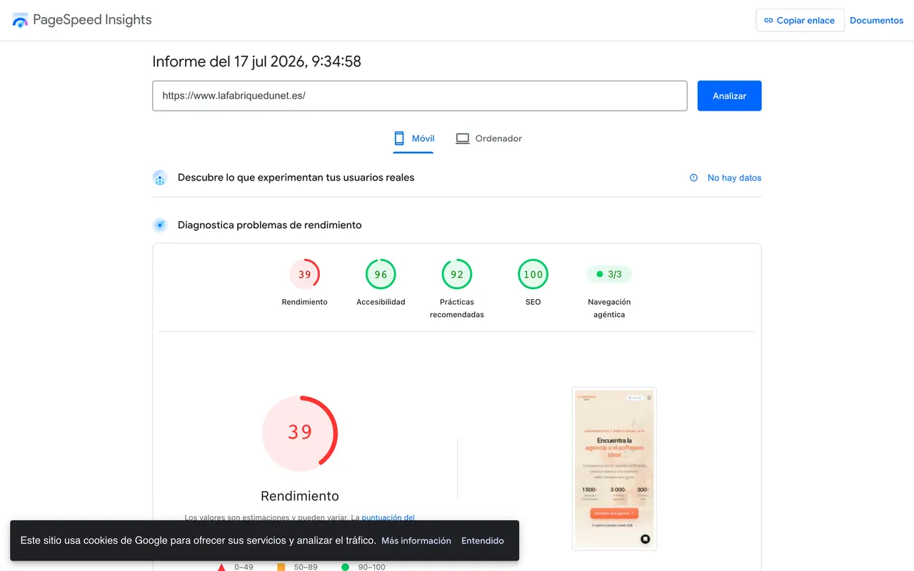 Informe PageSpeed Insights de lafabriquedunet.es (julio de 2026)
