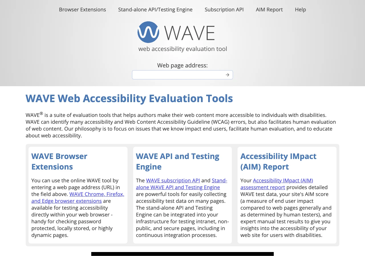 Capture de WAVE (webaim.org) en juillet 2026, l'outil gratuit d'évaluation de l'accessibilité web par URL : extensions navigateur et API, le premier scan à passer avant un audit RGAA complet, en gardant en tête qu'il ne détecte qu'une minorité des erreurs