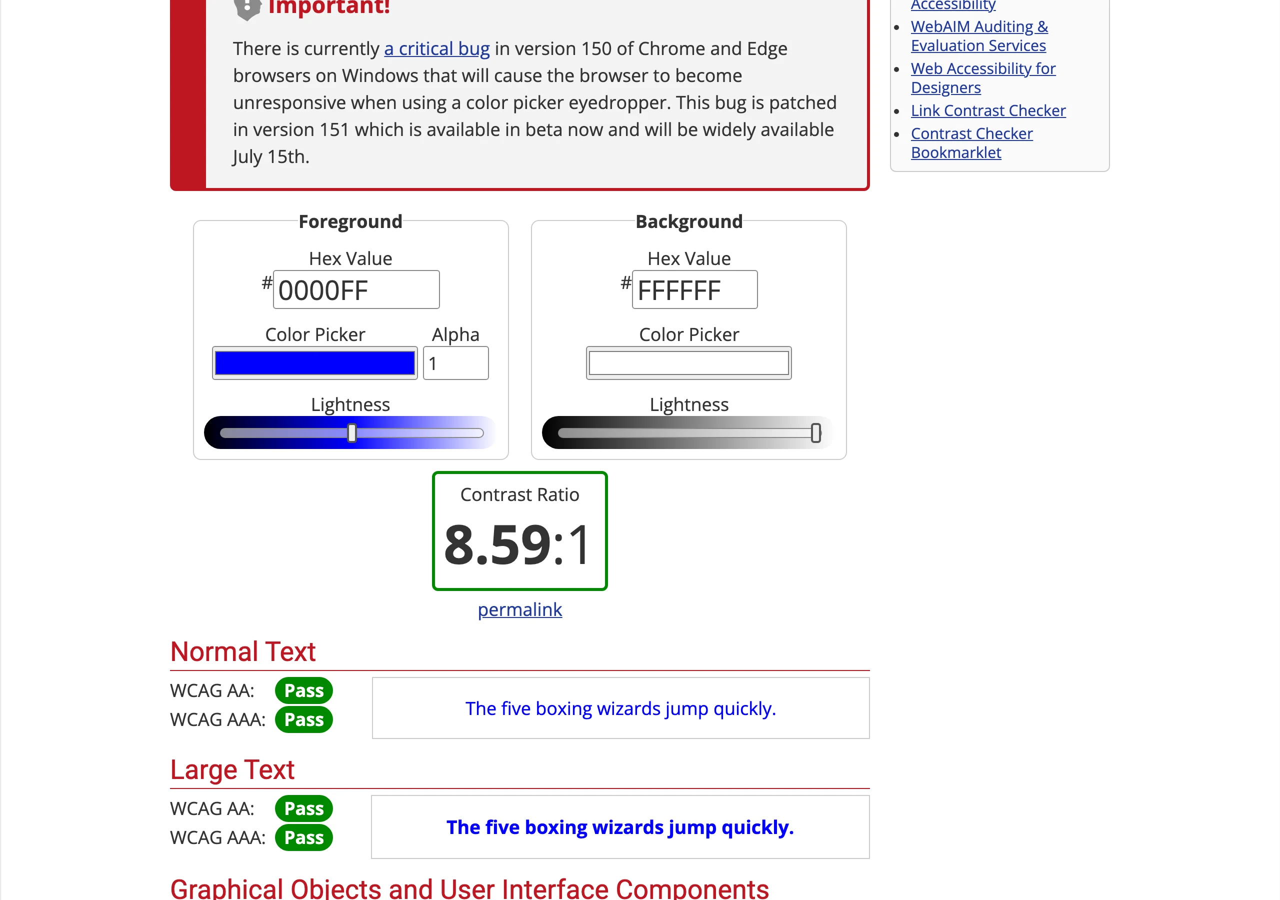 Capture du Contrast Checker de WebAIM en juillet 2026 : un ratio de contraste de 8.59:1 validé WCAG AA et AAA pour le texte normal et large, l'outil gratuit pour vérifier la lisibilité de ses couleurs