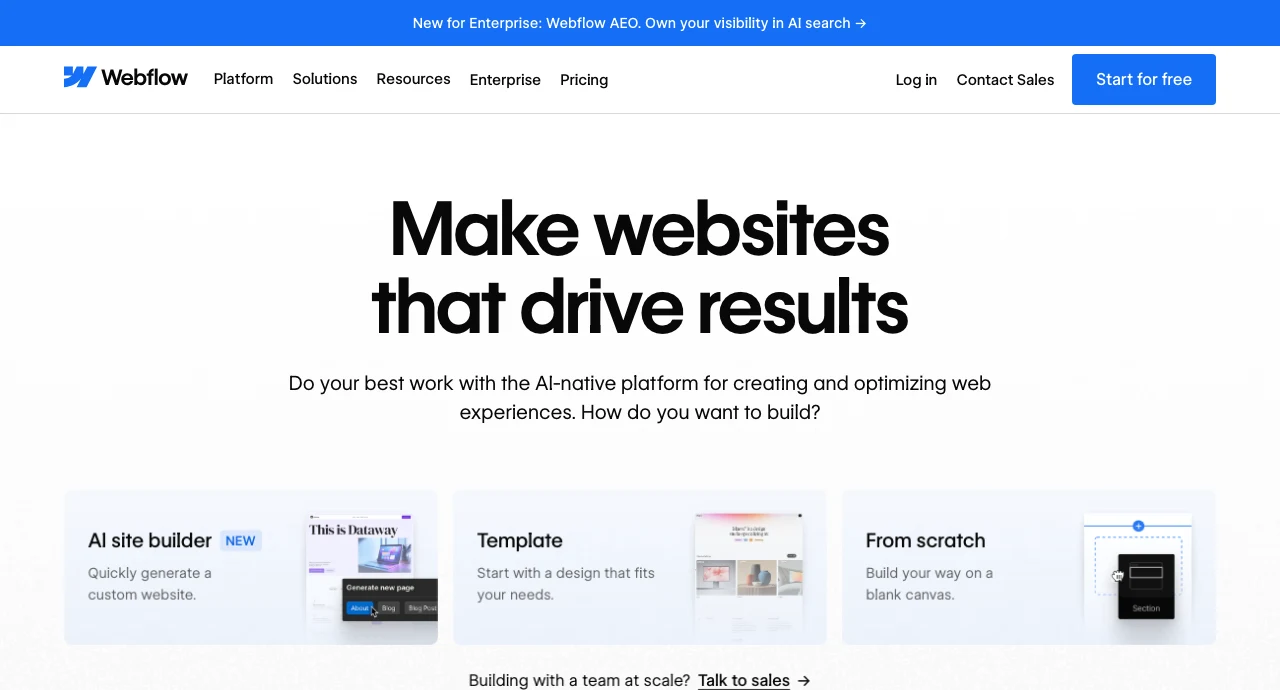 Capture du site de Webflow en juillet 2026 : créer des sites professionnels via une interface visuelle dopée à l'IA, du template à la page blanche, l'une des références du no-code avec Bubble et Airtable