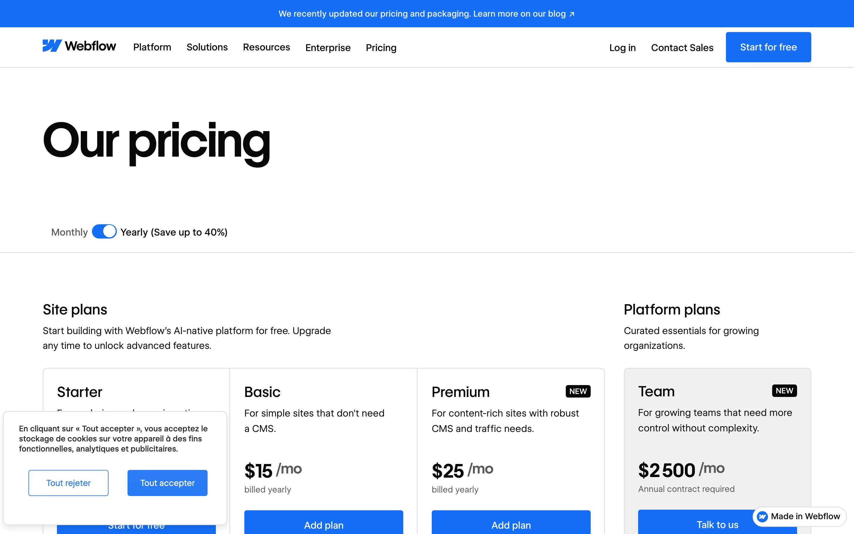 Grille tarifaire officielle des plans Site de Webflow en juillet 2026, prix affichés en dollars