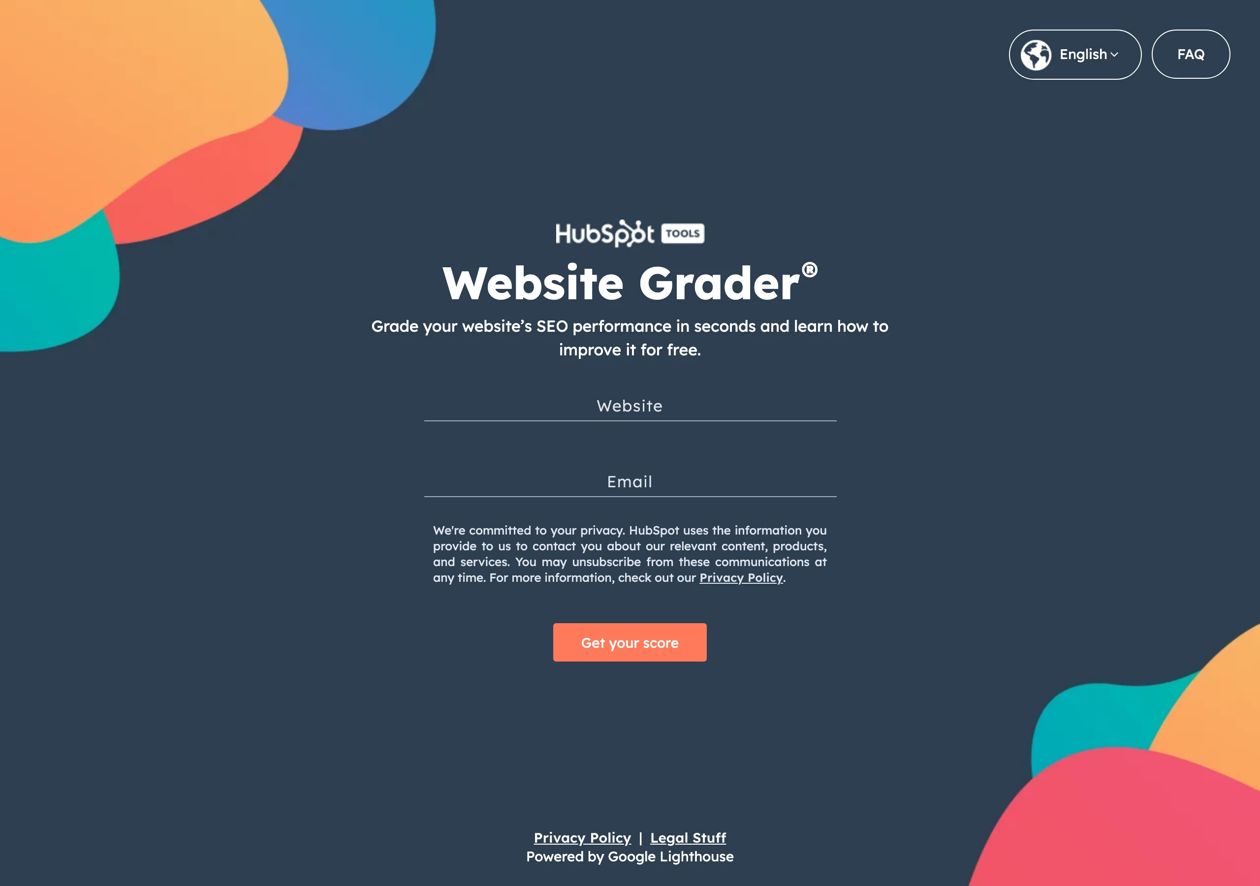 Capture de Website Grader de HubSpot en juillet 2026 : le calculateur d'audit instantané de site web, exemple canonique du lead magnet à un seul champ qui délivre une note et un diagnostic immédiats