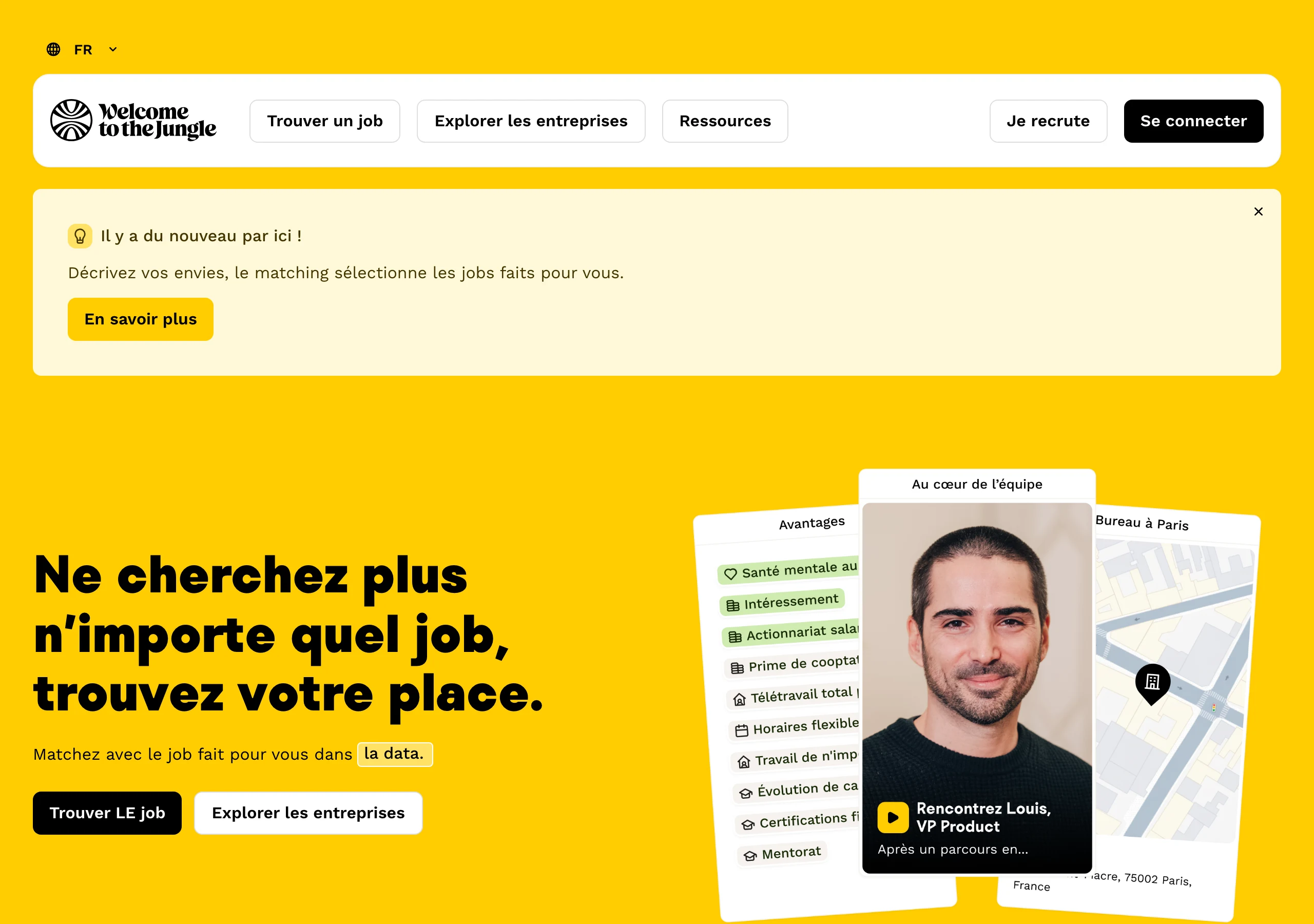 Capture de la page d'accueil de Welcome to the Jungle en juillet 2026 : portraits vidéo de salariés et contenus RH au cœur du produit, l'exemple français du contenu devenu la marque elle-même