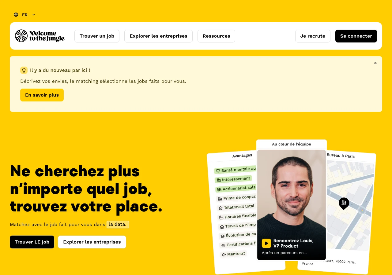 Capture de Welcome to the Jungle en juillet 2026 : la plateforme de recrutement où se joue la concurrence pour les talents tech, symbole d'un marché où environ 15 000 postes IT restent non pourvus selon Numeum