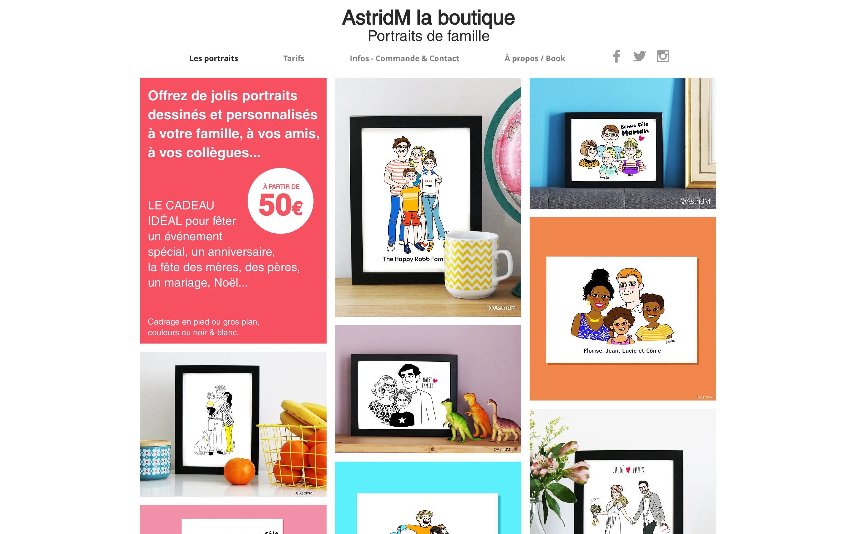 Site vitrine AstridM La Boutique, portraits personnalisés, réalisé avec Wix.