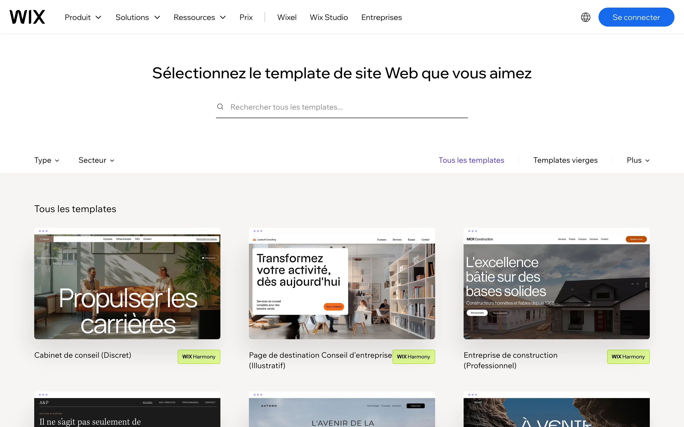 Galerie de templates de Wix (juillet 2026) : le point de départ typique d'un site monté en autonomie sur un builder