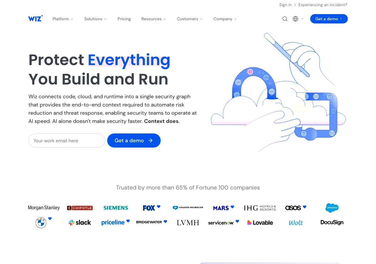 Capture de la page d'accueil de Wiz en juillet 2026, plateforme de sécurité cloud CNAPP : le slogan AI alone doesn't make security faster, context does, résume l'état de l'art de l'IA appliquée à la sécurité cloud