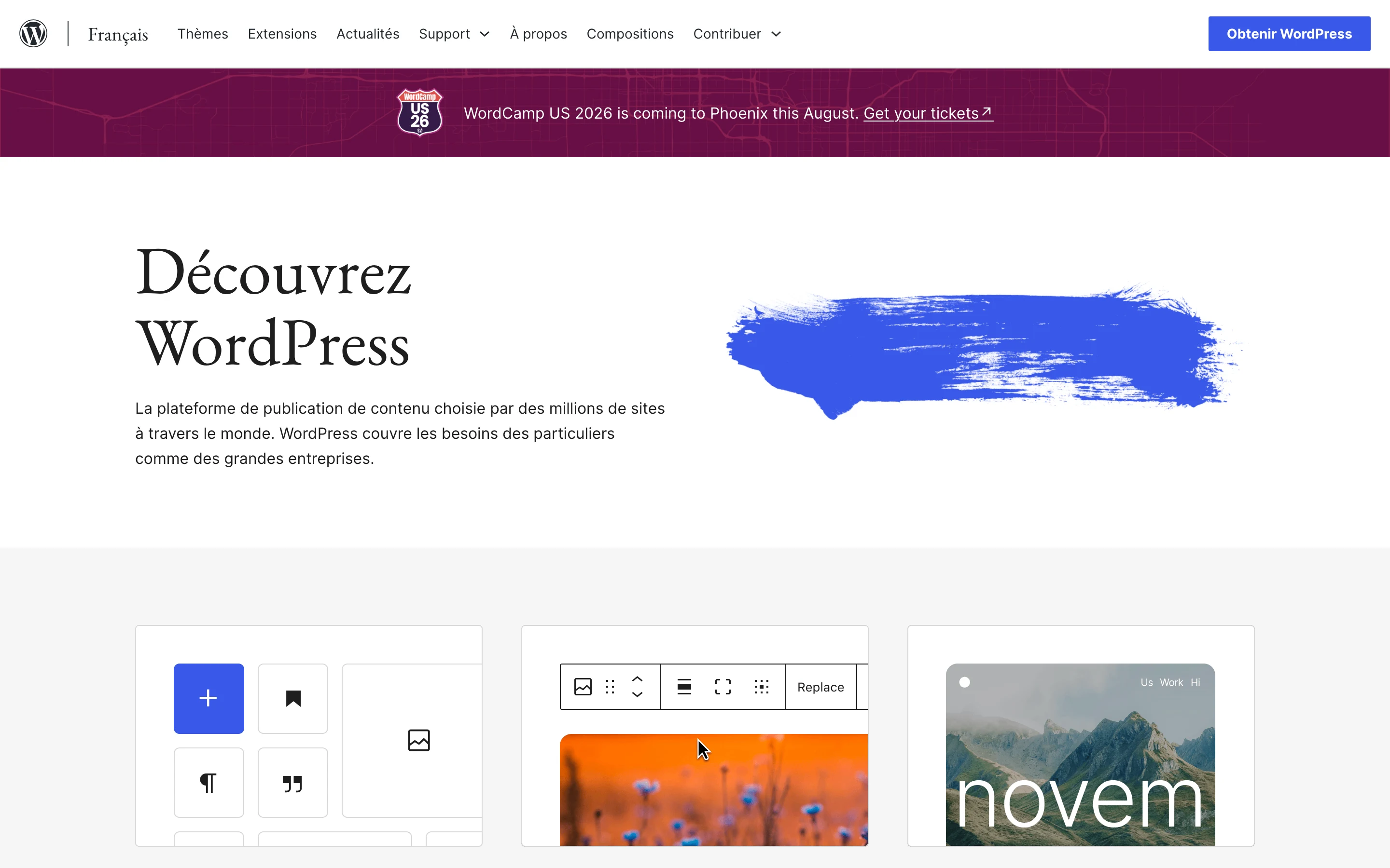 Page d'accueil de WordPress en français (juillet 2026), la plateforme la plus répandue avec environ 4 sites sur 10 dans le monde