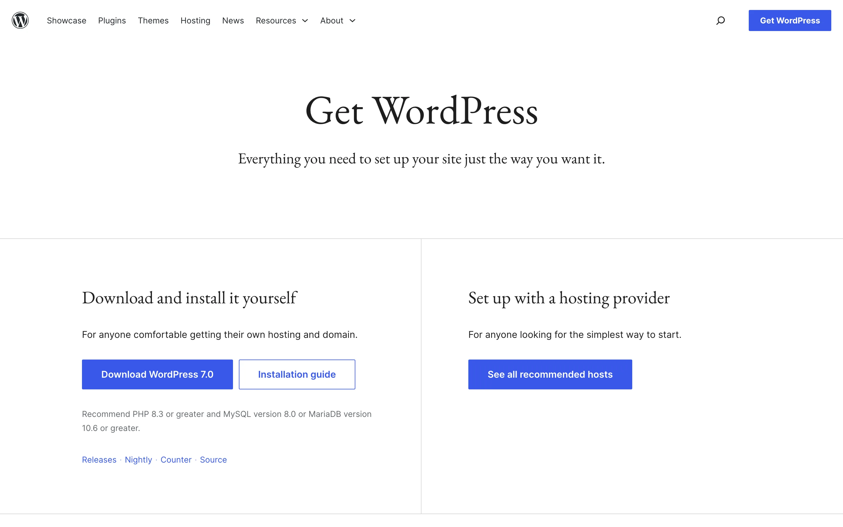Page de téléchargement officielle de WordPress.org proposant l'installation manuelle ou via un hébergeur