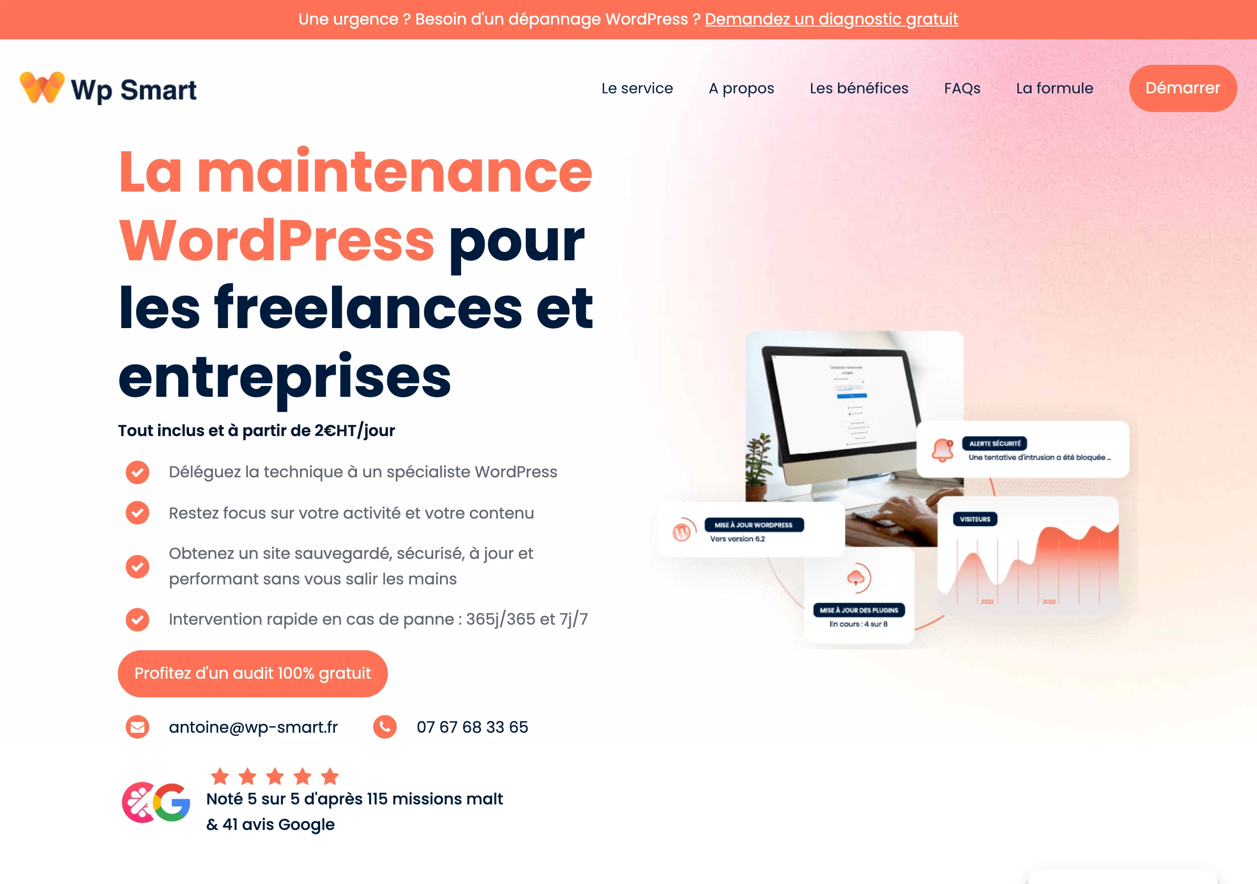 Capture de wp-smart.fr en juillet 2026 : offre de maintenance WordPress pour freelances et entreprises à partir de 2 € HT par jour, intervention 365 jours par an, notée 5/5 sur 115 missions Malt