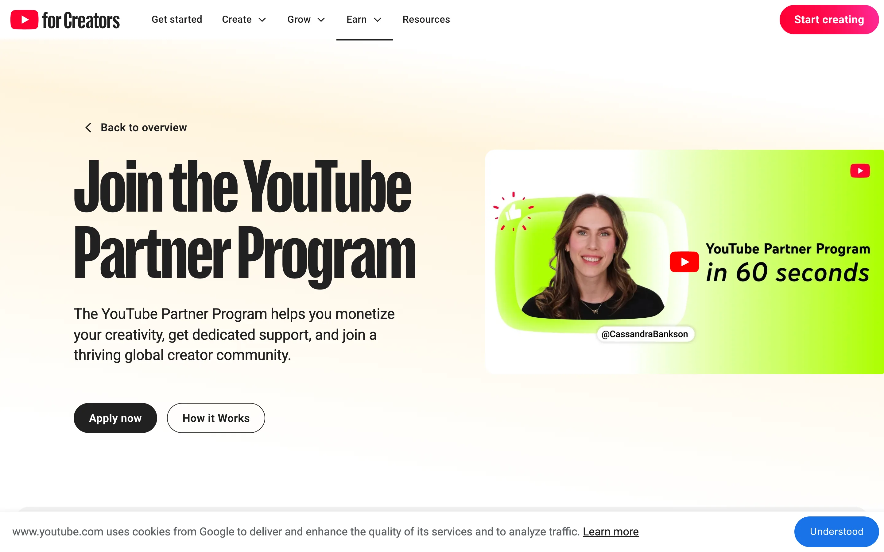 Page officielle d'inscription au Programme Partenaire YouTube dans l'espace créateurs, relevée en juillet 2026
