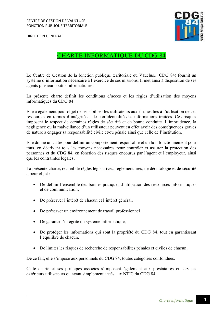 Première page de la charte informatique du centre de gestion de la fonction publique territoriale du Vaucluse, avec l'objet de la charte en six points