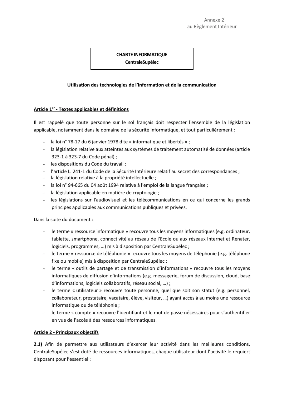 Première page de la charte informatique de CentraleSupélec, annexe 2 au règlement intérieur, article 1 sur les textes applicables et les définitions