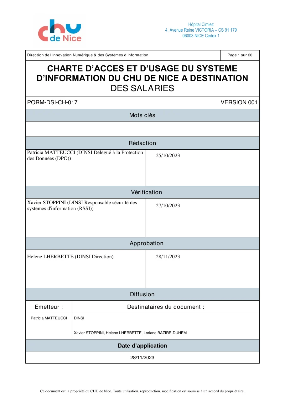 Page de garde de la charte d'accès et d'usage du système d'information du CHU de Nice, avec les cases rédaction, vérification, approbation, diffusion et date d'application