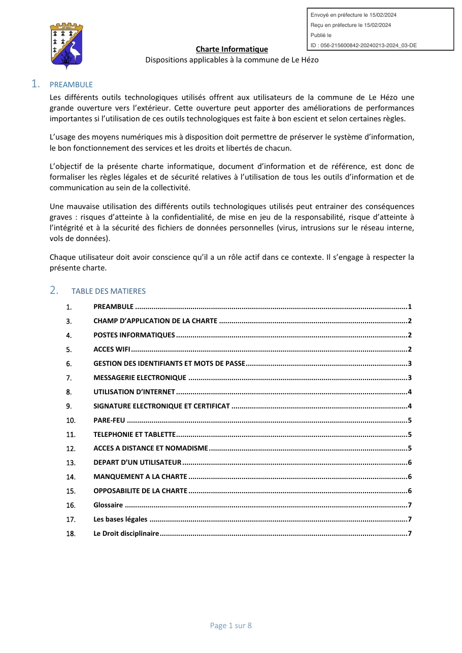 Première page de la charte informatique de la commune du Hézo, préambule et table des matières, avec le tampon d'envoi en préfecture du 15 février 2024