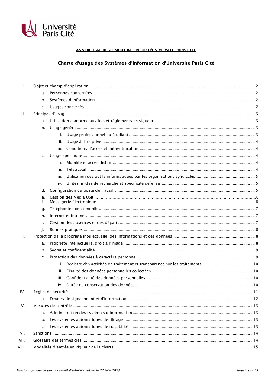 Sommaire de la charte d'usage des systèmes d'information d'Université Paris Cité, annexe 1 au règlement intérieur, version approuvée le 22 juin 2023