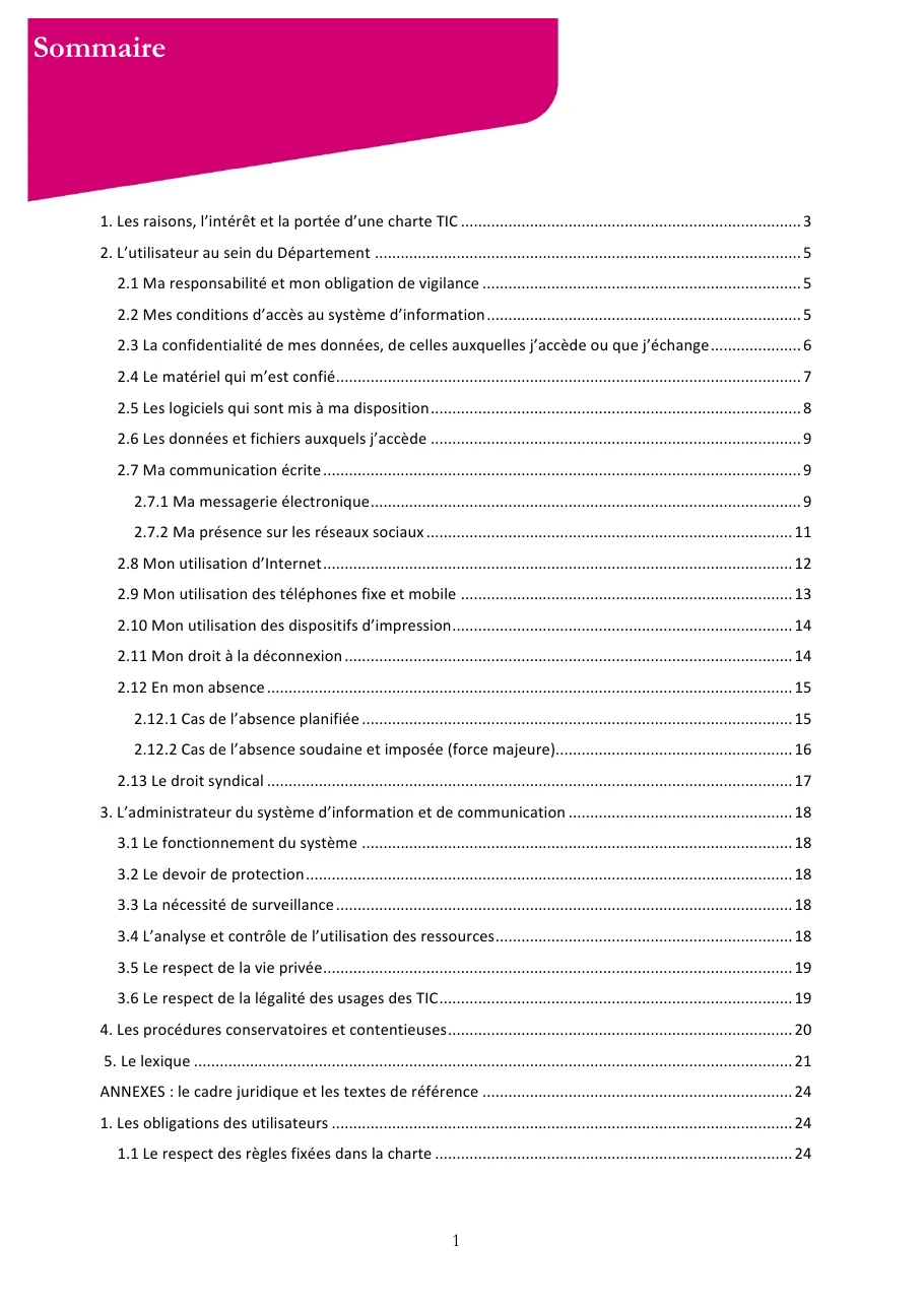 Sommaire de la charte informatique du département des Yvelines, dont les chapitres sont écrits à la première personne : ma responsabilité, mes conditions d'accès, mon utilisation d'Internet, mon droit à la déconnexion