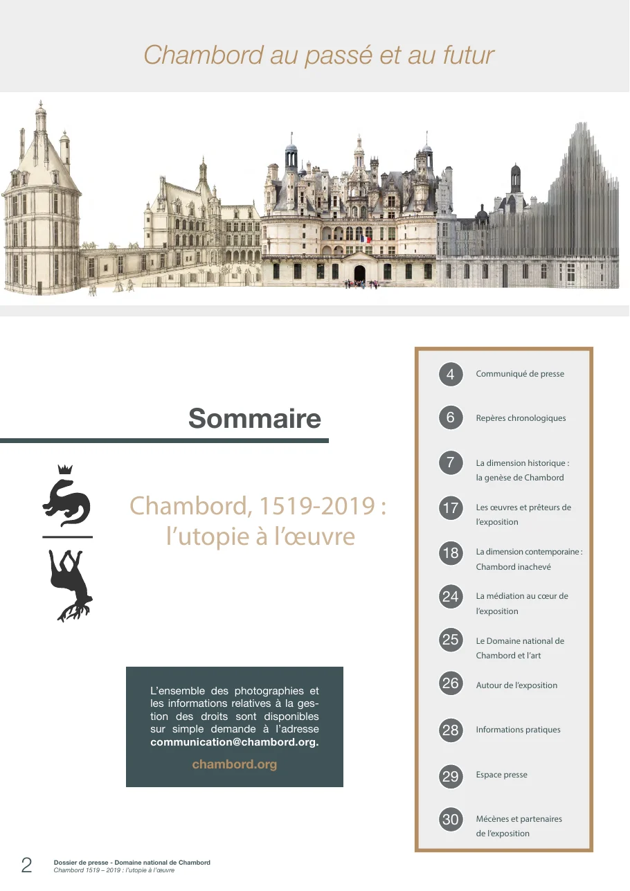 Page sommaire du dossier de presse de l'exposition Chambord au passé et au futur : communiqué, repères chronologiques, dimensions historique et contemporaine, informations pratiques, espace presse