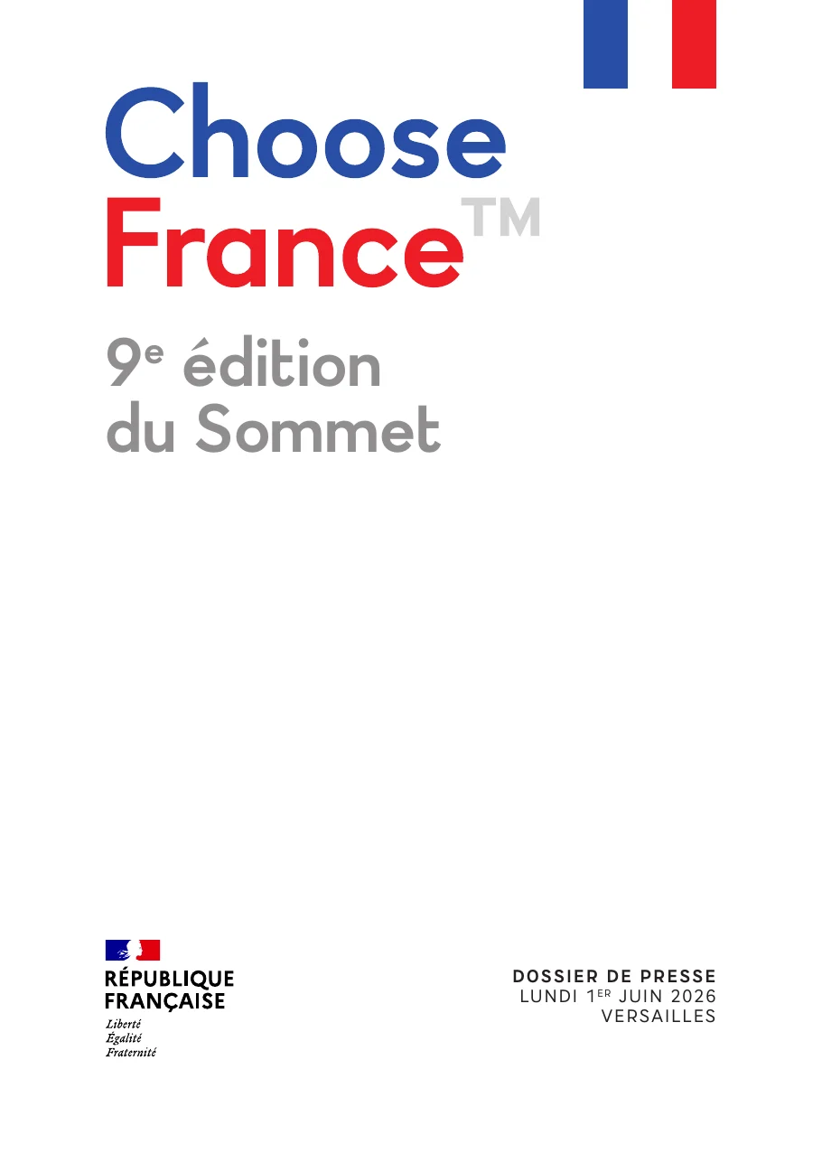 Couverture du dossier de presse Choose France, 9e édition du sommet, avec la mention dossier de presse, la date et le lieu
