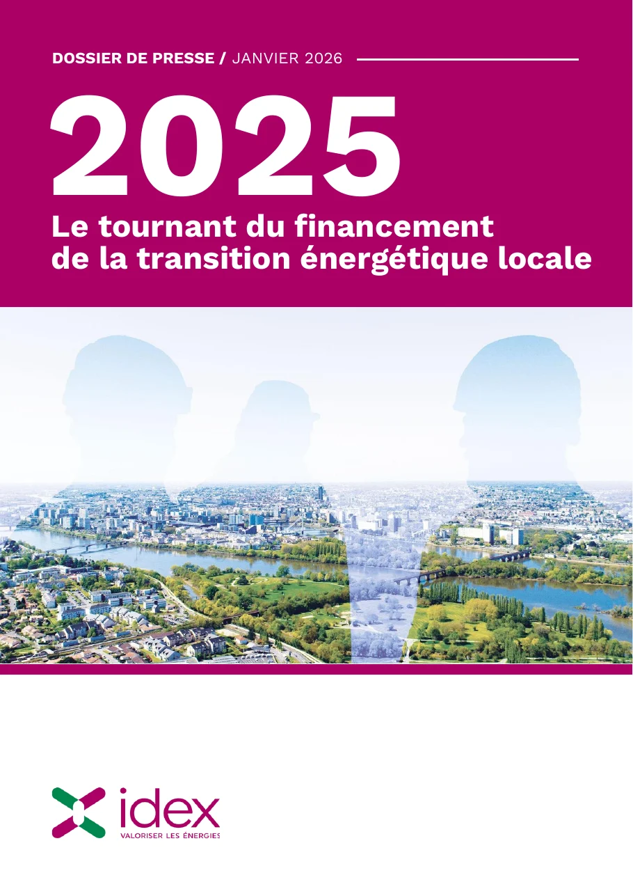 Couverture du dossier de presse Idex de janvier 2026 : l'année 2025 en gros, le titre Le tournant du financement de la transition énergétique locale
