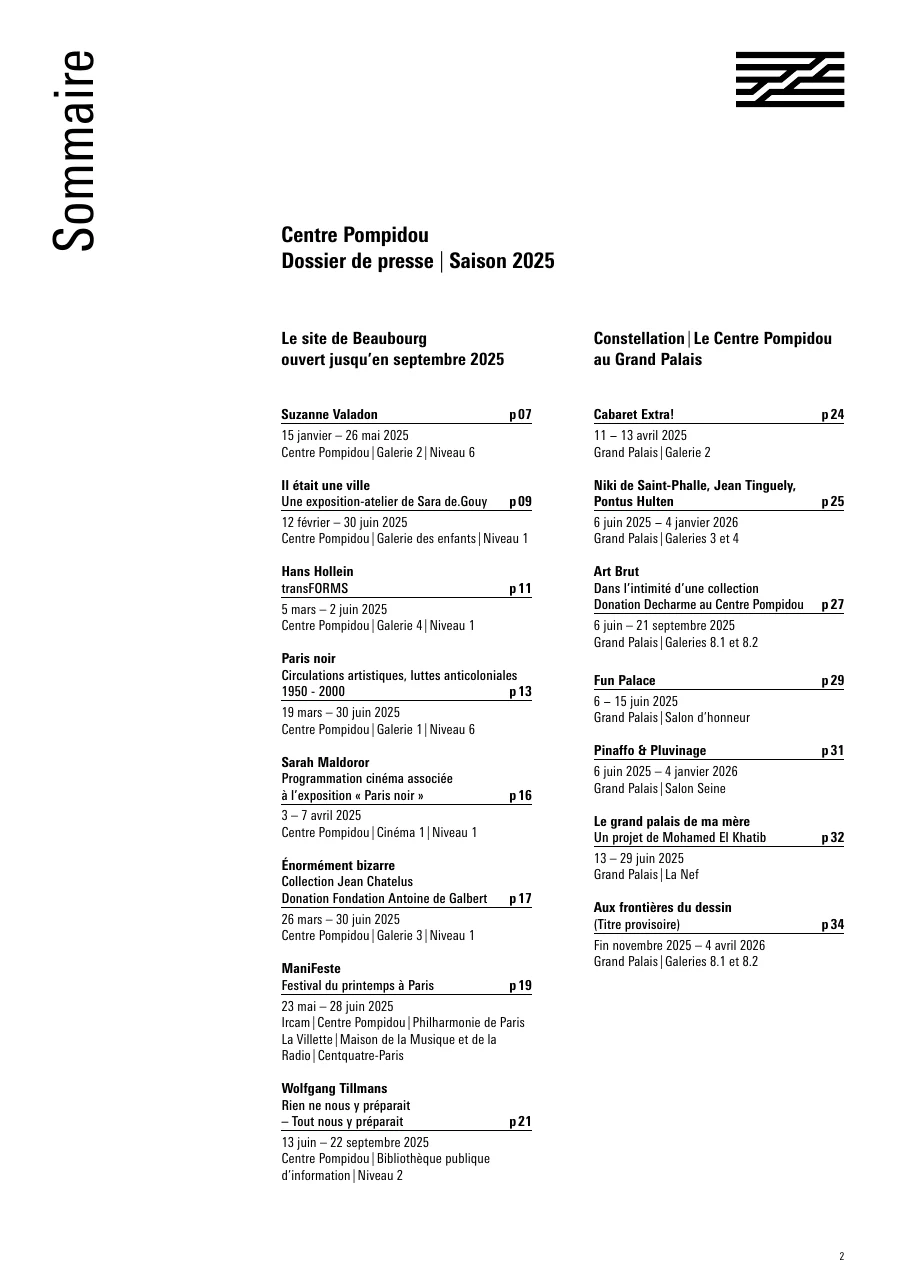 Page sommaire du dossier de presse saison 2025 du Centre Pompidou : chaque exposition avec ses dates, son lieu et sa page