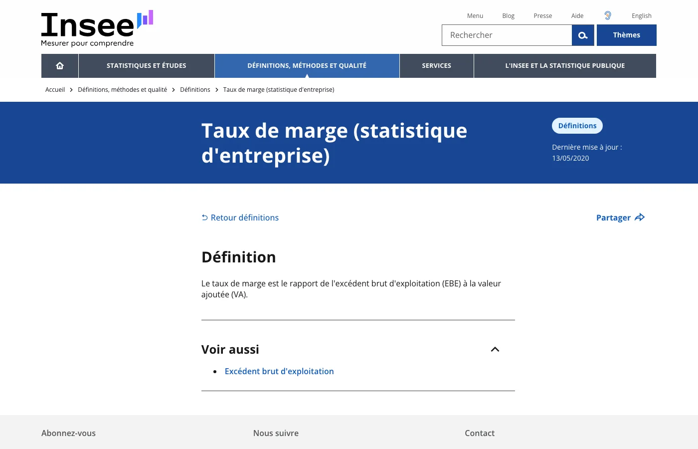 Page de définition INSEE du taux de marge en statistique d'entreprise : rapport de l'excédent brut d'exploitation à la valeur ajoutée