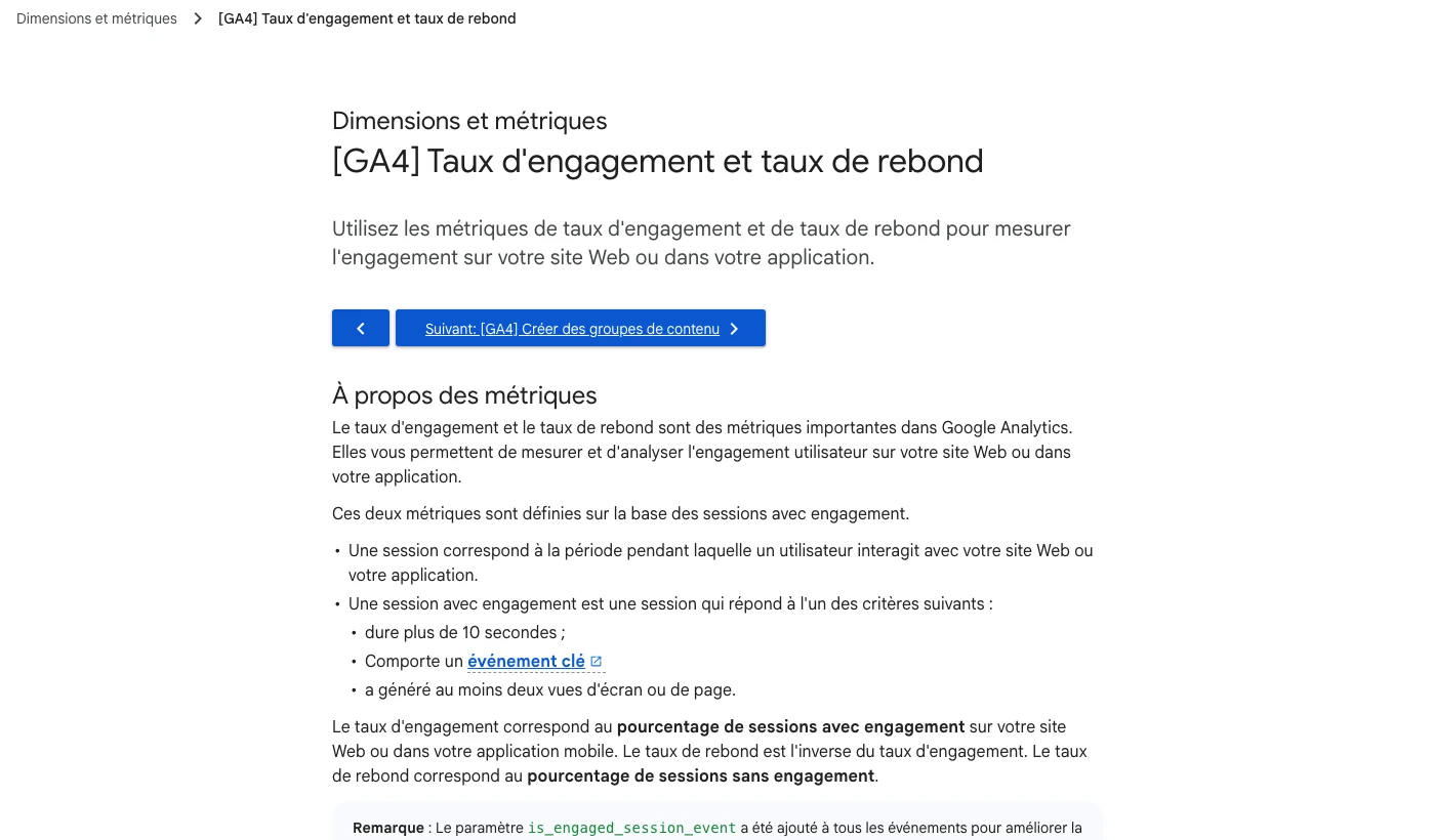 Page d'aide Google Analytics 4 définissant le taux d'engagement et le taux de rebond à partir des sessions avec engagement