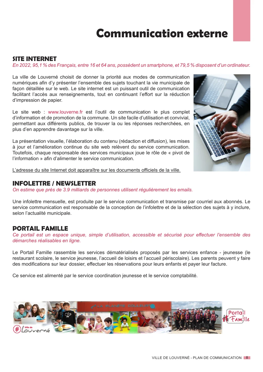 Page 8 du plan de communication de Louverné : la communication externe, canal par canal, avec le responsable de chaque outil