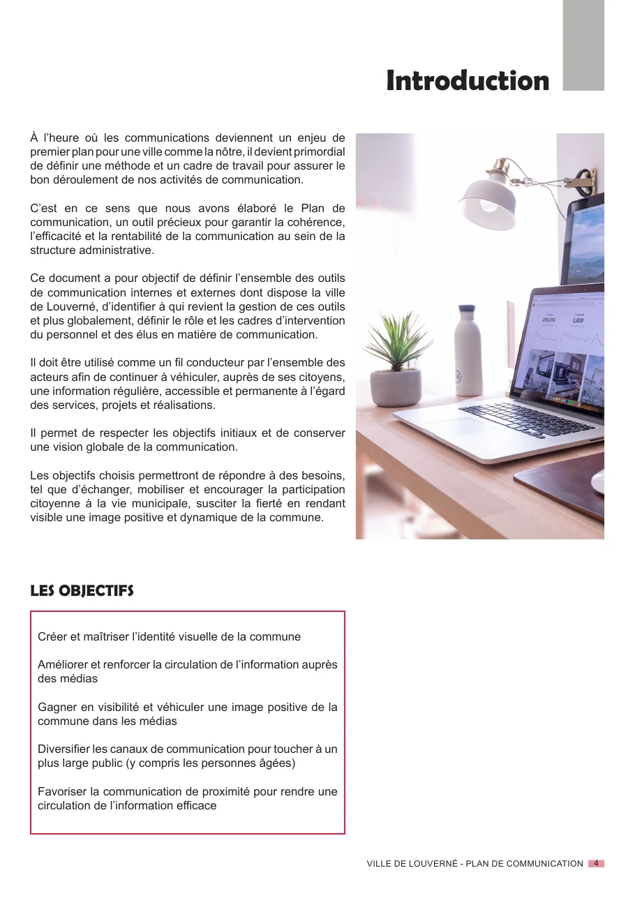 Page 4 du plan de communication de la ville de Louverné : introduction et encadré des cinq objectifs